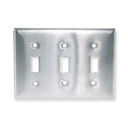Hubbell Wallplate, Toggle Style, 3-Gang, 3-Toggle, Stainless Steel, Curved Corners