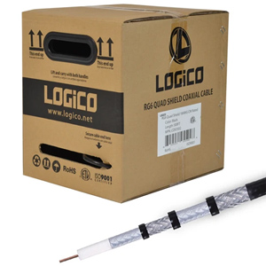 LOGiCO RG6 Quad Shield Coaxial Cable 18 AWG 500ft Bulk Coax Satellite TV Black