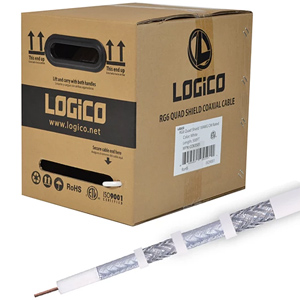 LOGiCO RG6 Quad Shield Coaxial Cable 18 AWG Coax Satellite TV 500ft White
